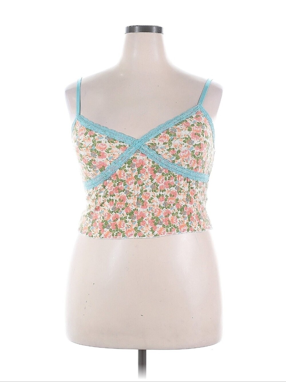 Floral Ribbed Crop Cami with Aqua Lace Trim